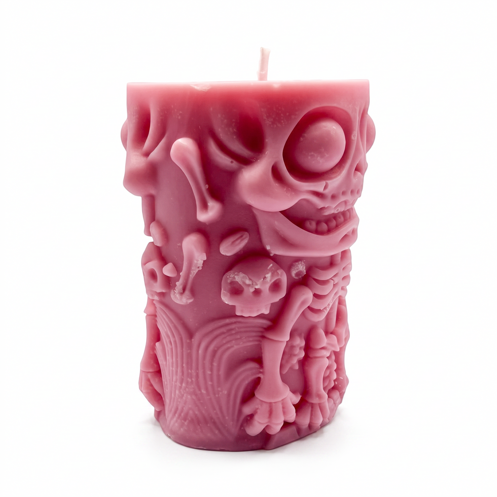 Halloween-Sojakerze im Zylinderdesign, Skelettfigur, Rosa, Pumpkin Spice, 250 g