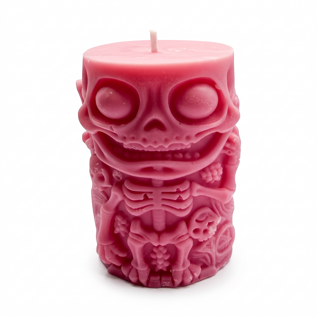Halloween-Sojakerze im Zylinderdesign, Skelettfigur, Rosa, Pumpkin Spice, 250 g