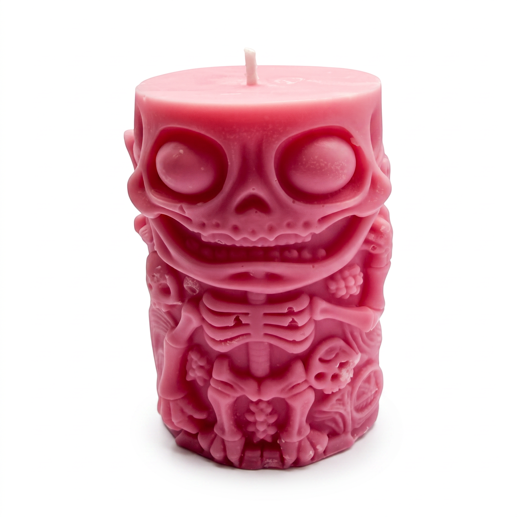 Sójová svíčka Halloween, válec s figurkou kostlivce, růžová, Pumpkin Spice, 250g