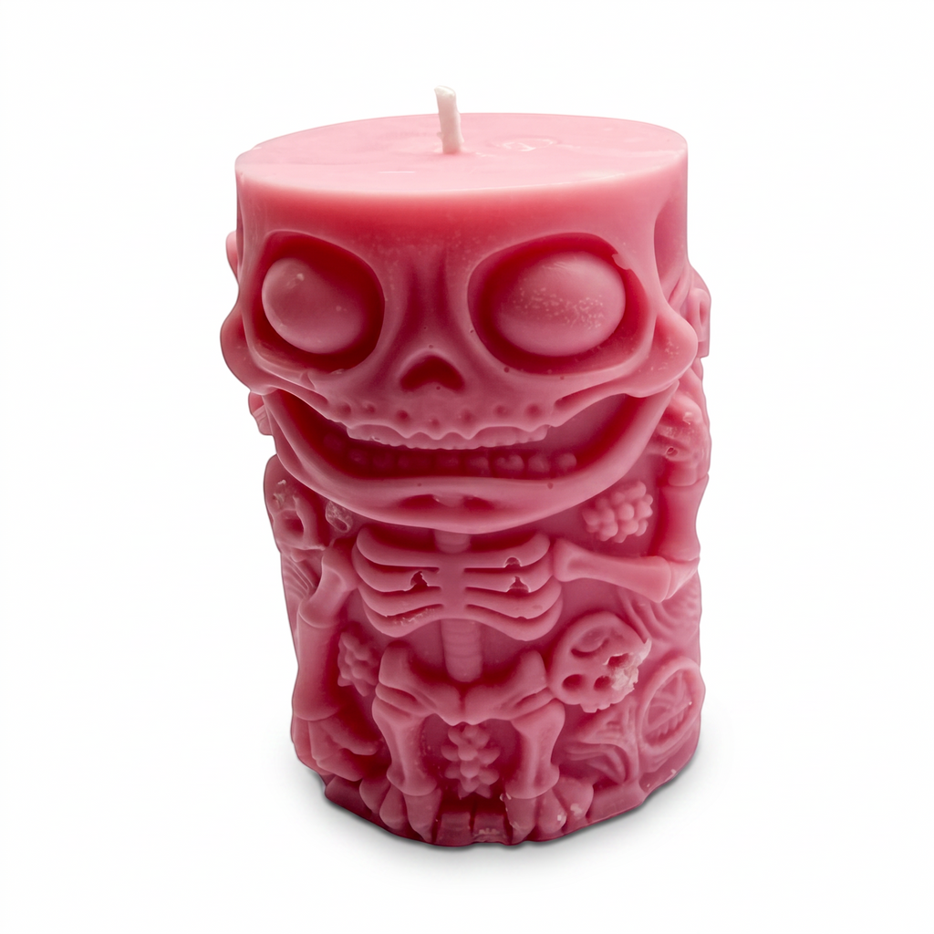 Halloween-Sojakerze im Zylinderdesign, Skelettfigur, Rosa, Pumpkin Spice, 250 g