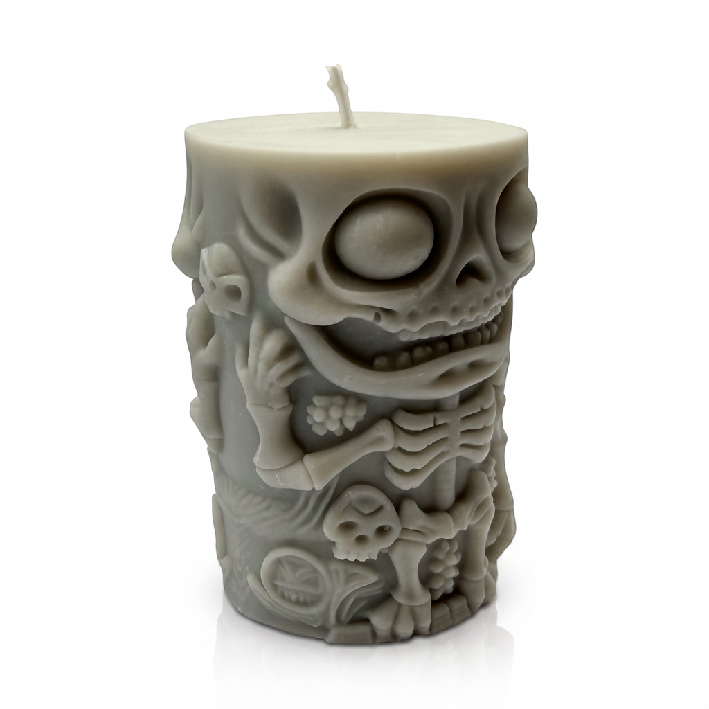 Halloweenová sójová svíčka ve tvaru válce, figurka kostlivce, šedá, Pumpkin Spice, 250g