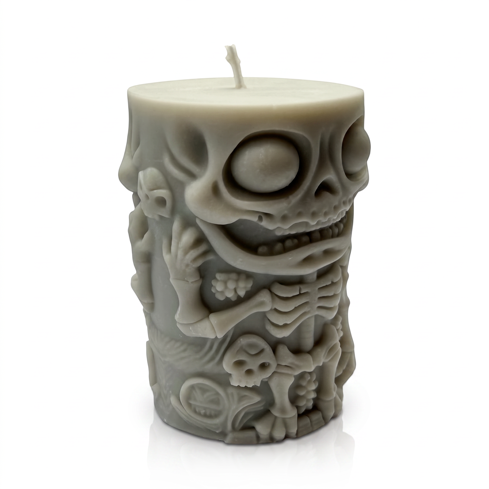 Halloweenová sójová svíčka ve tvaru válce, figurka kostlivce, šedá, Pumpkin Spice, 250g