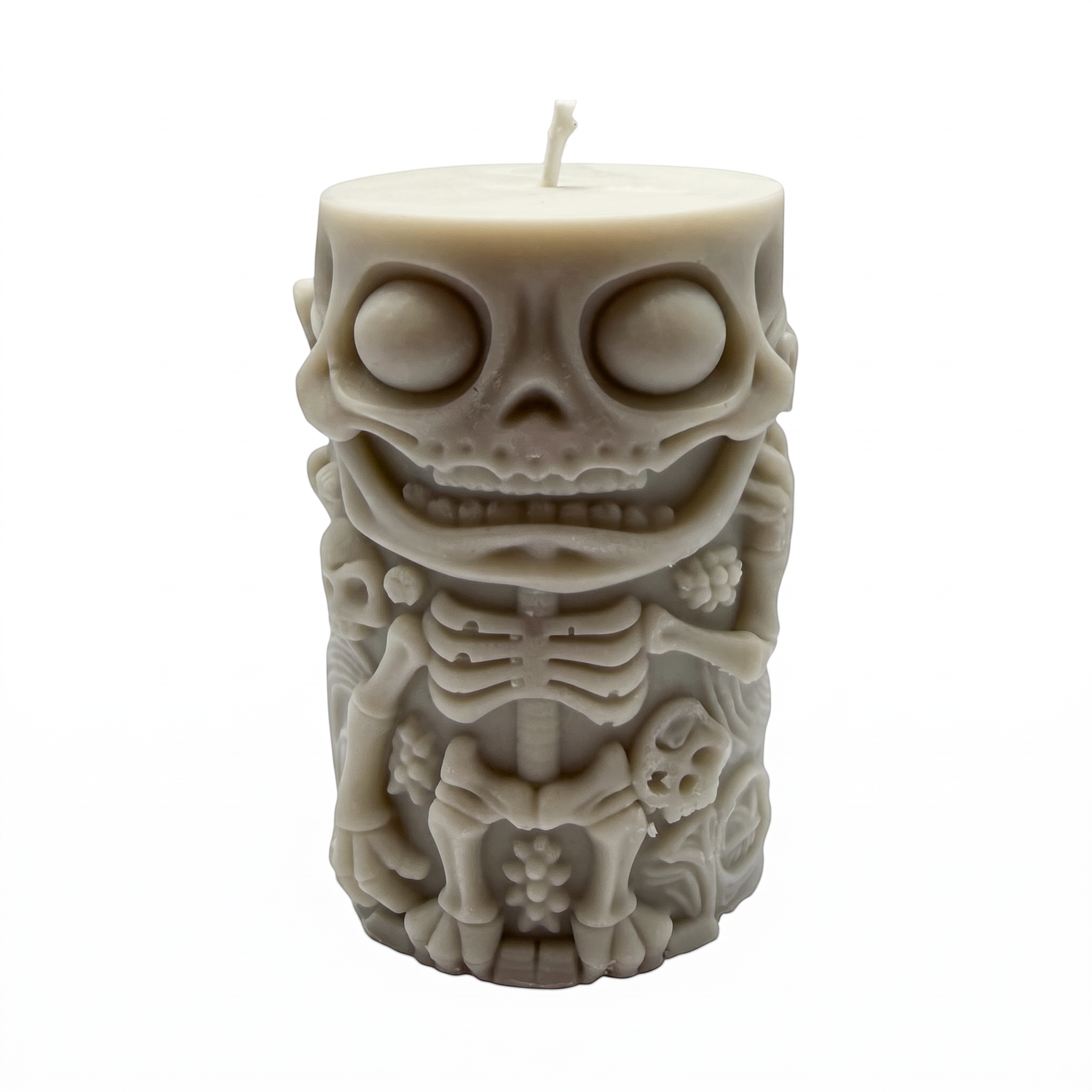 Halloweenová sójová svíčka ve tvaru válce, figurka kostlivce, šedá, Pumpkin Spice, 250g