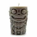 Halloweenová sójová svíčka ve tvaru válce, figurka kostlivce, šedá, Pumpkin Spice, 250g