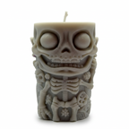 Halloweenová sójová svíčka ve tvaru válce, figurka kostlivce, šedá, Pumpkin Spice, 250g