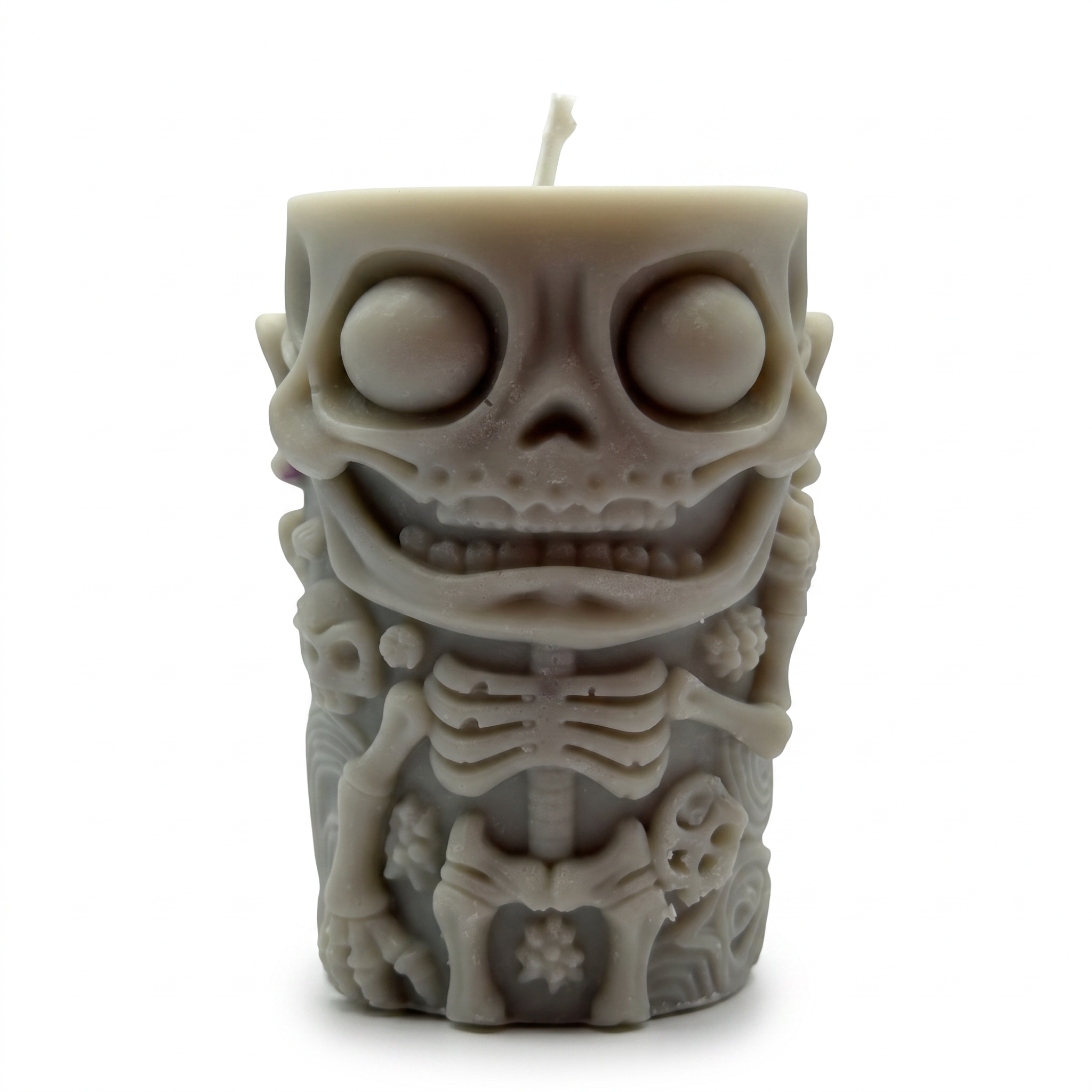 Halloweenová sójová svíčka ve tvaru válce, figurka kostlivce, šedá, Pumpkin Spice, 250g