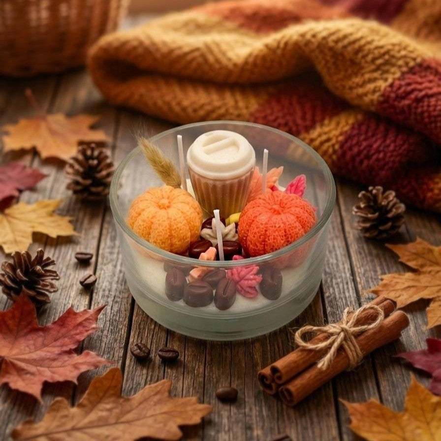 Есенна соева свещ в стъкло „Тиквено кафе“ с аромат Pumpkin Spice, 240g