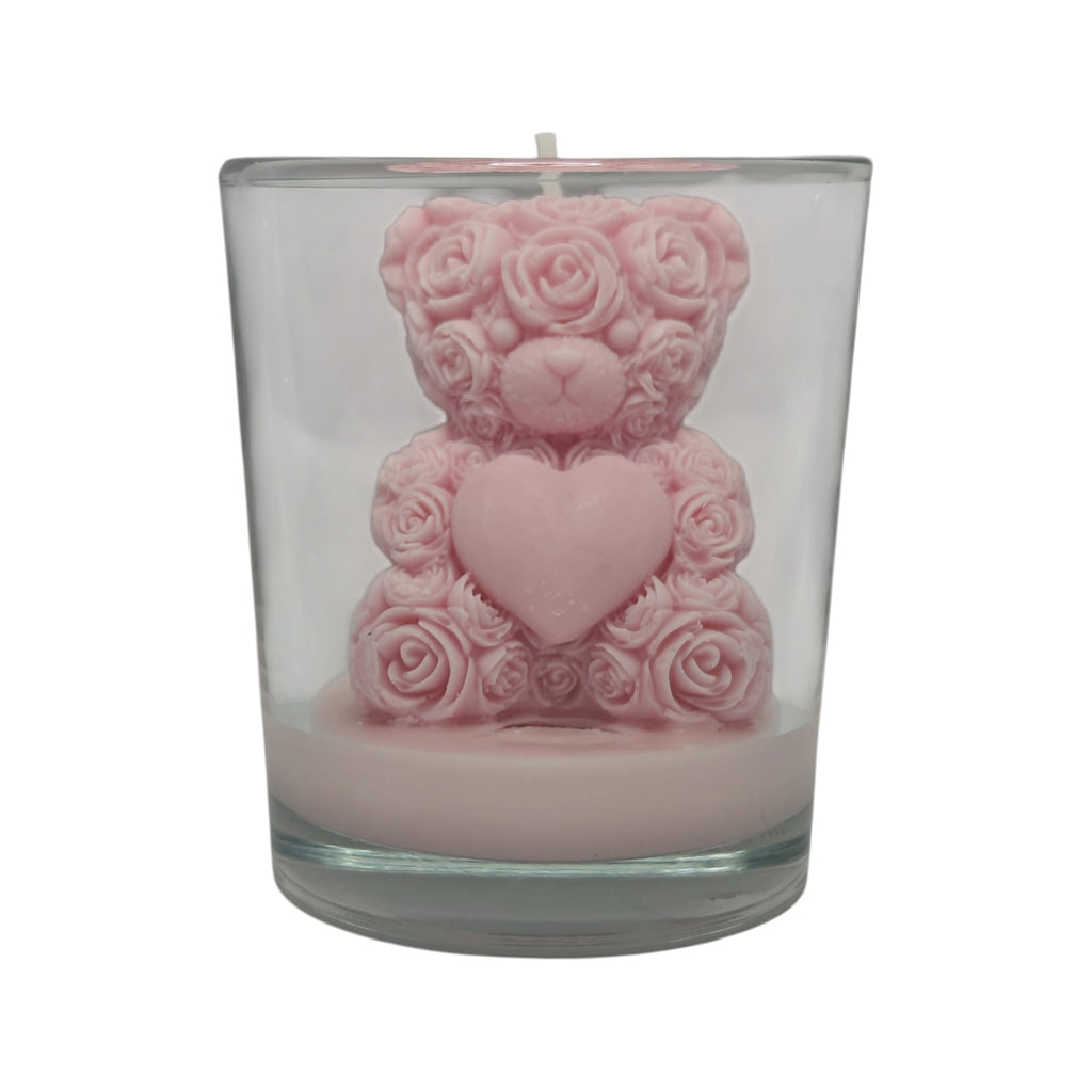 Decorative Soy Candle Bear with Roses in Glass Pink