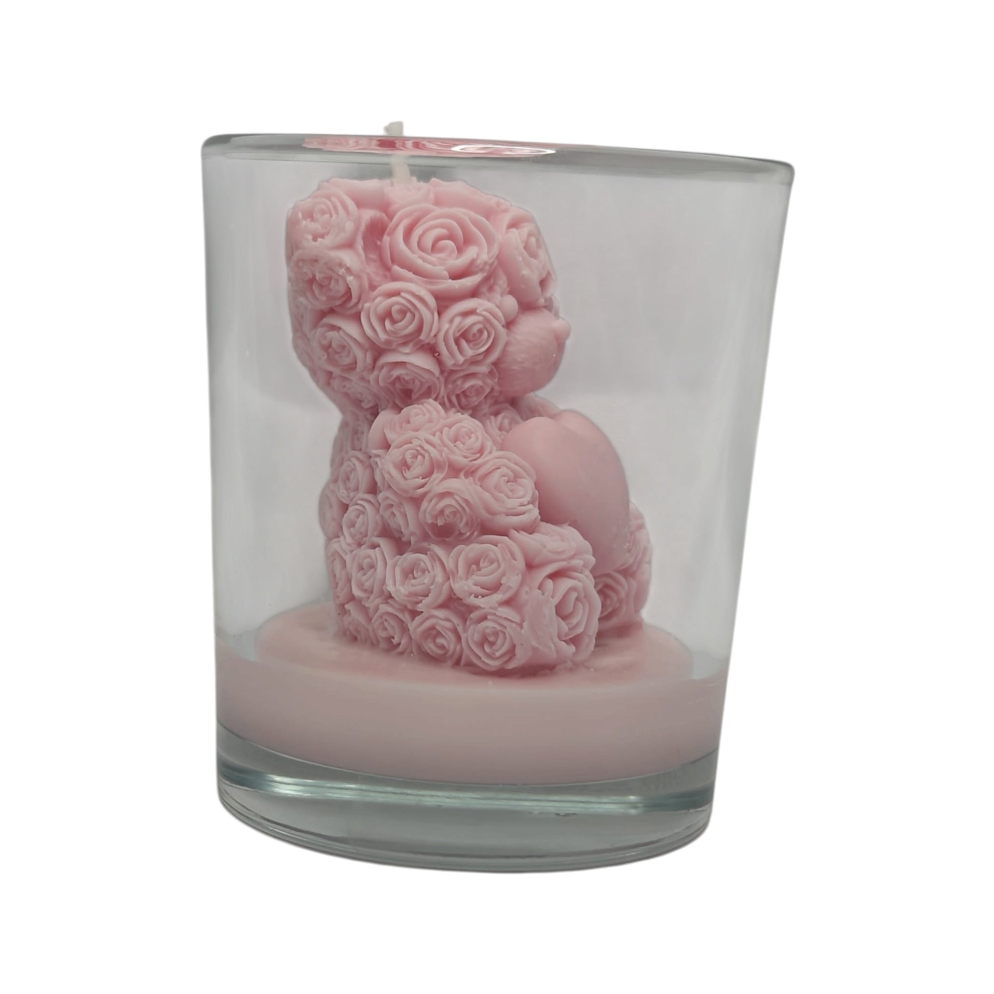 Decorative Soy Candle Bear with Roses in Glass Pink