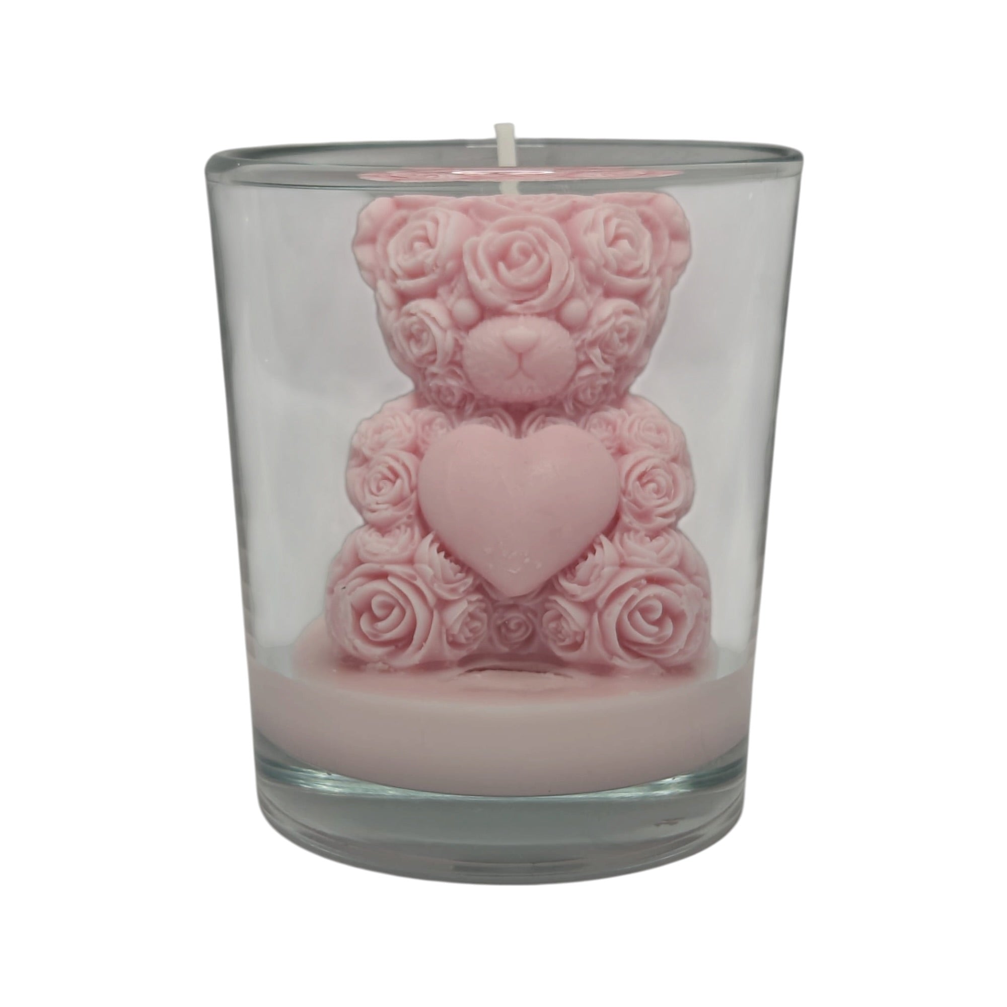 Decorative Soy Candle Bear with Roses in Glass Pink