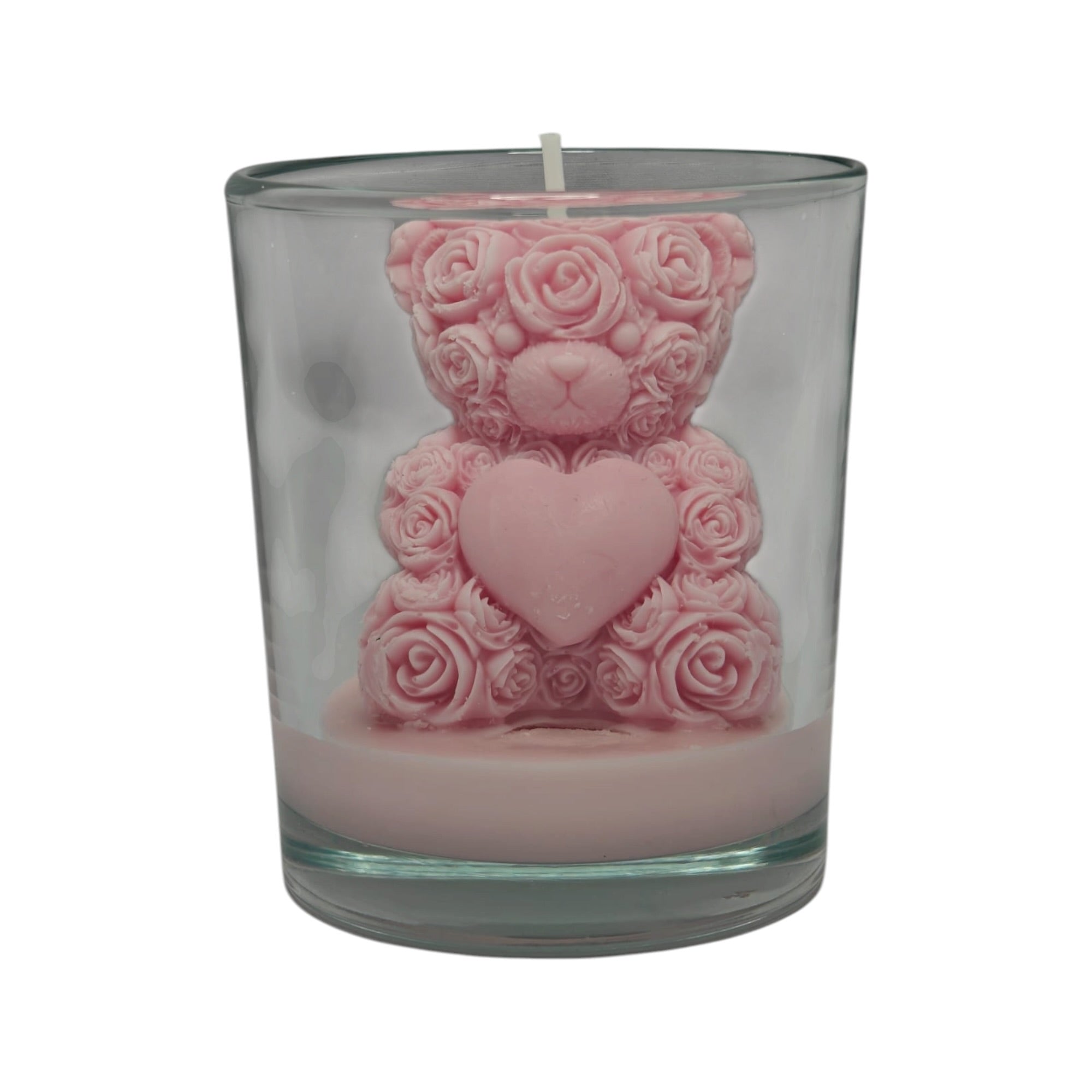 Decorative Soy Candle Bear with Roses in Glass Pink