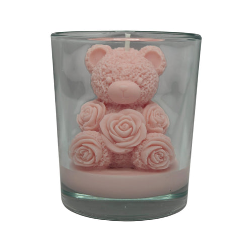 Vela decorativa de soja Oso con Rosas en vaso Rosa