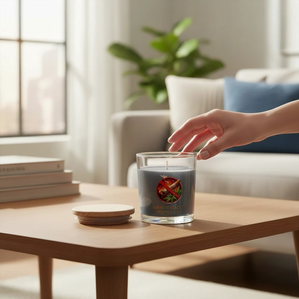 Sojowa świeca antynikotynowa ScentLoop.eu w szklanym słoiku z drewnianą pokrywką neutralizująca zapach dymu tytoniowego