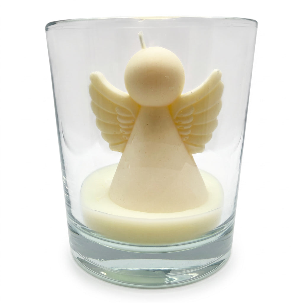 Kalėdinė sojų vaško žvakė angeliuko figūrėlė stikle, kvapas „Christmas Home“, 120g
