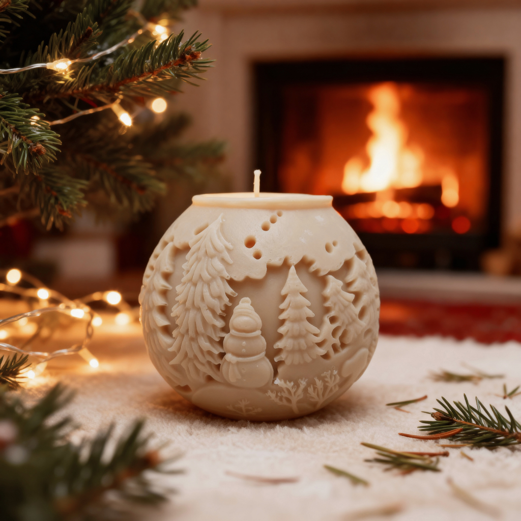 Vánoční sójová svíčka Baňka Sněhulák Christmas Home 140g béžová/karamelová