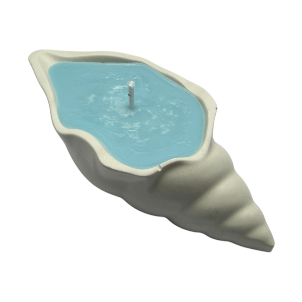 Sojawachskerze in Gips MUSCHELN mit blauem Wachs, Duft Zanzibar – maritime Dekoration