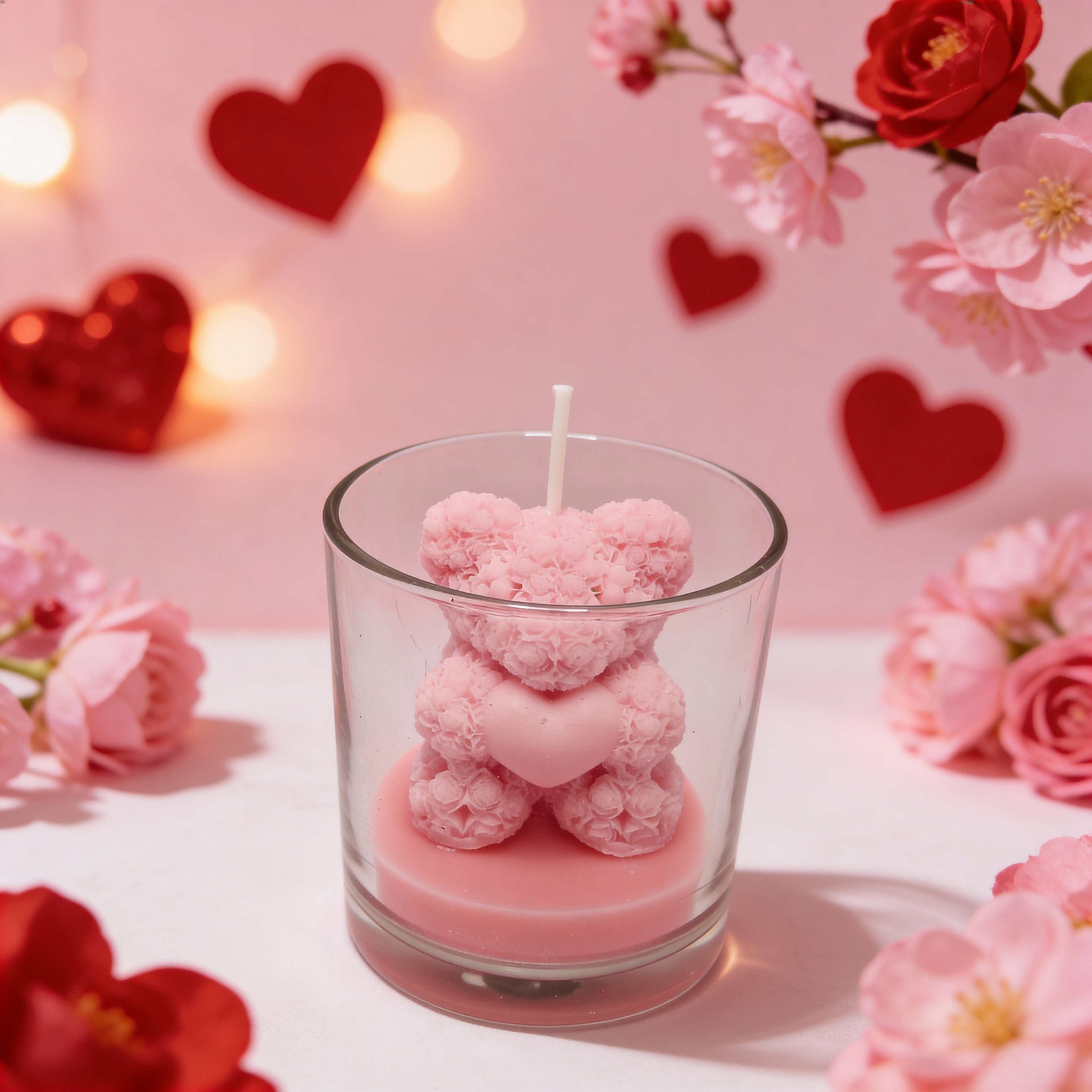 Ozdobna świeca sojowa Miś z Róż w szkle Różowy