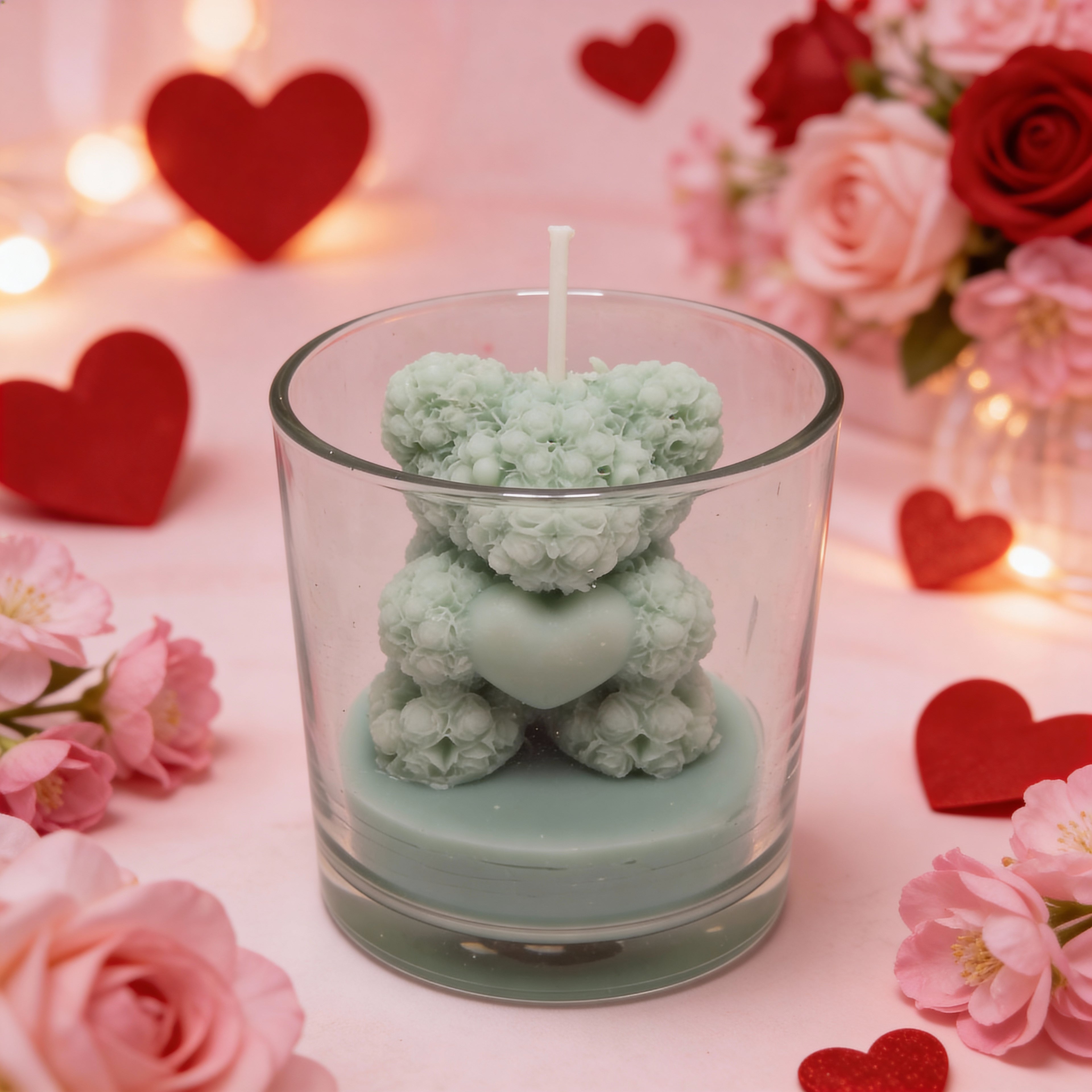 Ozdobna świeca sojowa Miś z Róż w szkle Niebieski