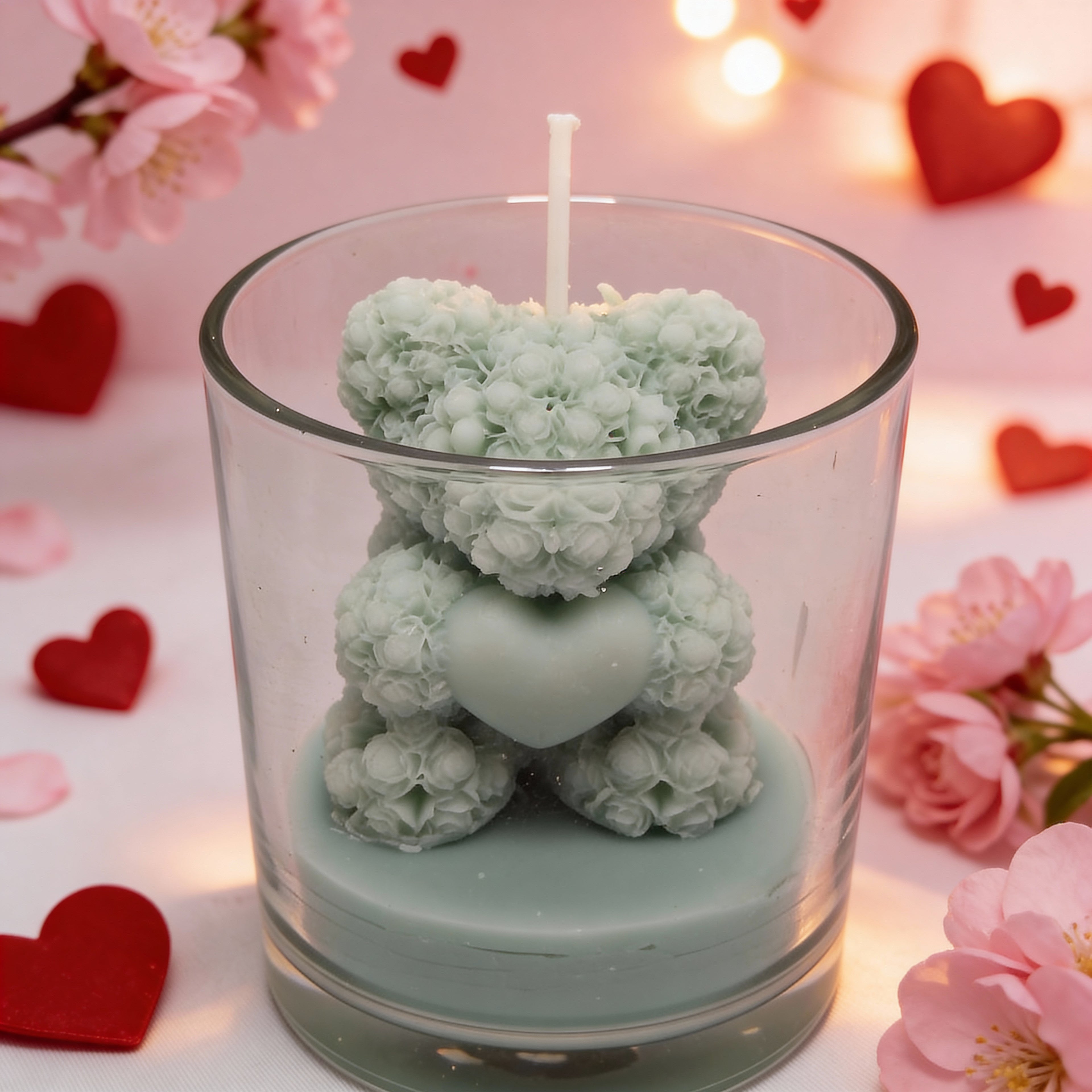 Ozdobna świeca sojowa Miś z Róż w szkle Niebieski