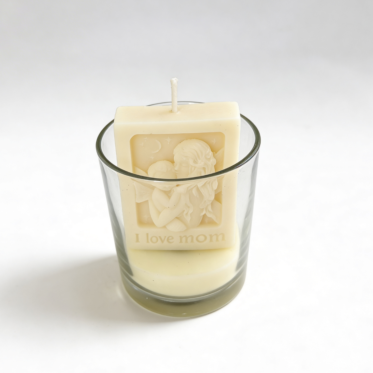 Ozdobna świeca sojowa w szkle obrazek I Love Mom kremowa