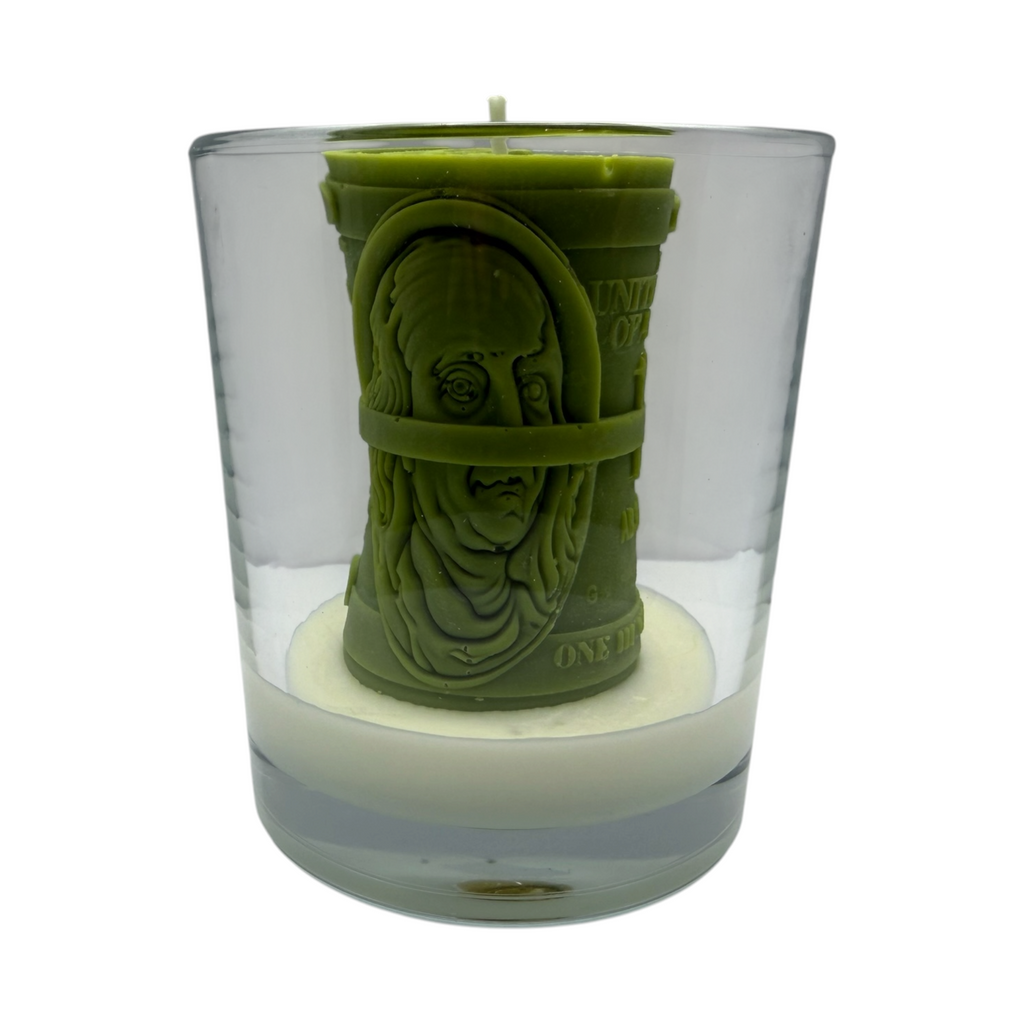 Dekorative Sojawachskerze im Glas DOLAR Geldschein-Motiv, Duft Blue Haze, 180g – Geburtstagsgeschenk und Dekoration