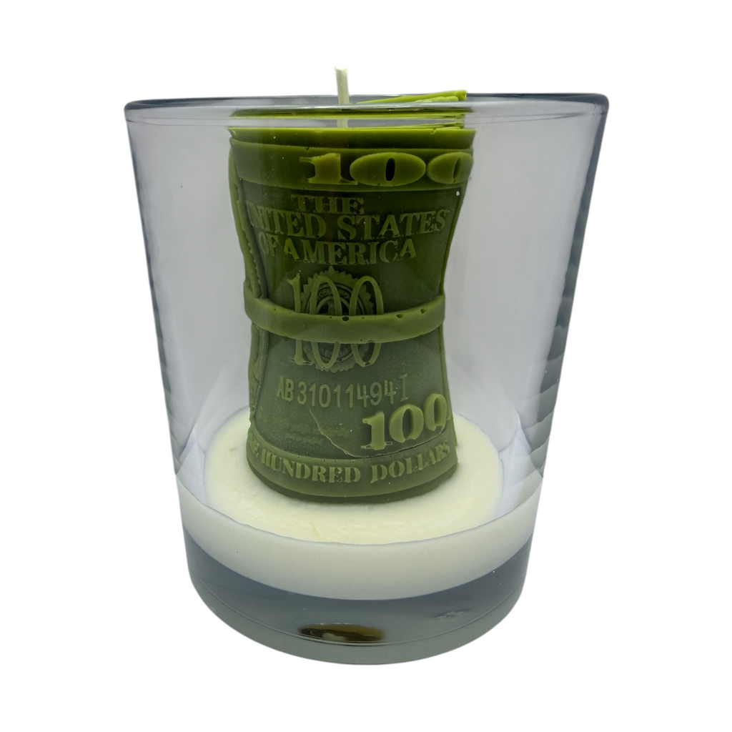 Dekorative Sojawachskerze im Glas DOLAR Geldschein-Motiv, Duft Blue Haze, 180g – Geburtstagsgeschenk und Dekoration