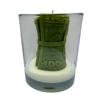 Dekorative Sojawachskerze im Glas DOLAR Geldschein-Motiv, Duft Blue Haze, 180g – Geburtstagsgeschenk und Dekoration