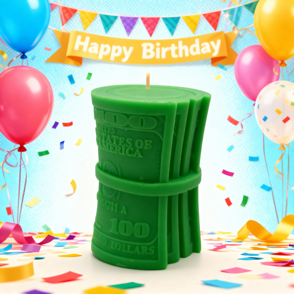 Sojakerze DOLLAR STAPEL von Banknoten Dekoration Geburtstag Party Geschenk 7 cm