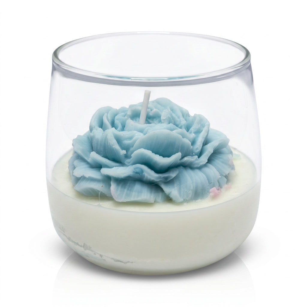 Vela de soja grande en vaso Flor de Clavel regalo aroma Citrus Harmony 210g azul hasta 50h