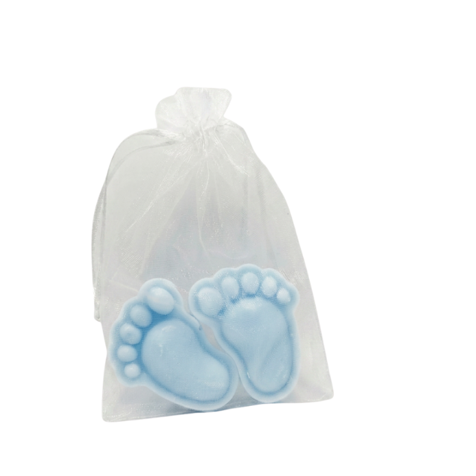 Sojakerze „Blaue Füßchen“ für eine Babyshower-Party für Jungen, Duft „Soft Linen“, 50 g