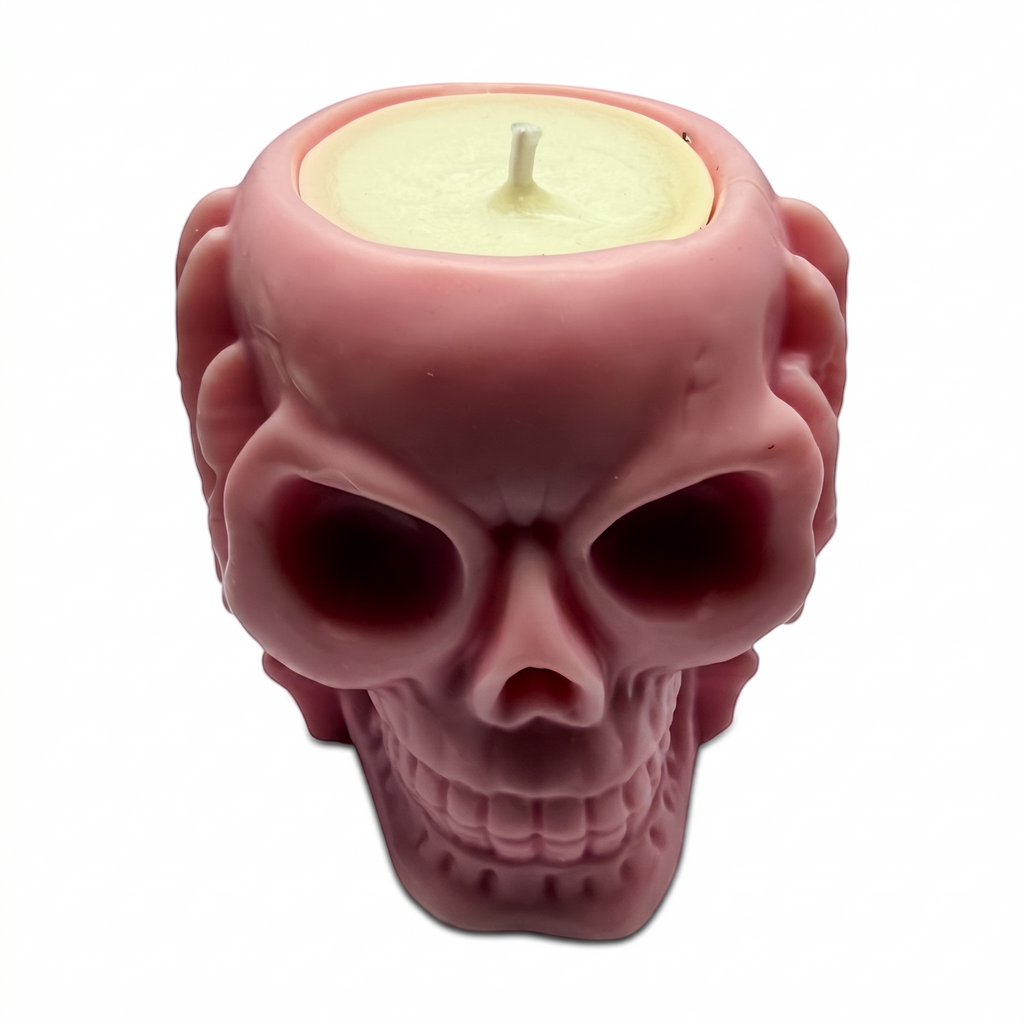 Σόγια κερί Halloween με 3 ροζ κρανία «Δεν βλέπω, δεν ακούω, δεν μιλάω», με άρωμα Pumpkin Spice