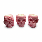 Σόγια κερί Halloween με 3 ροζ κρανία «Δεν βλέπω, δεν ακούω, δεν μιλάω», με άρωμα Pumpkin Spice