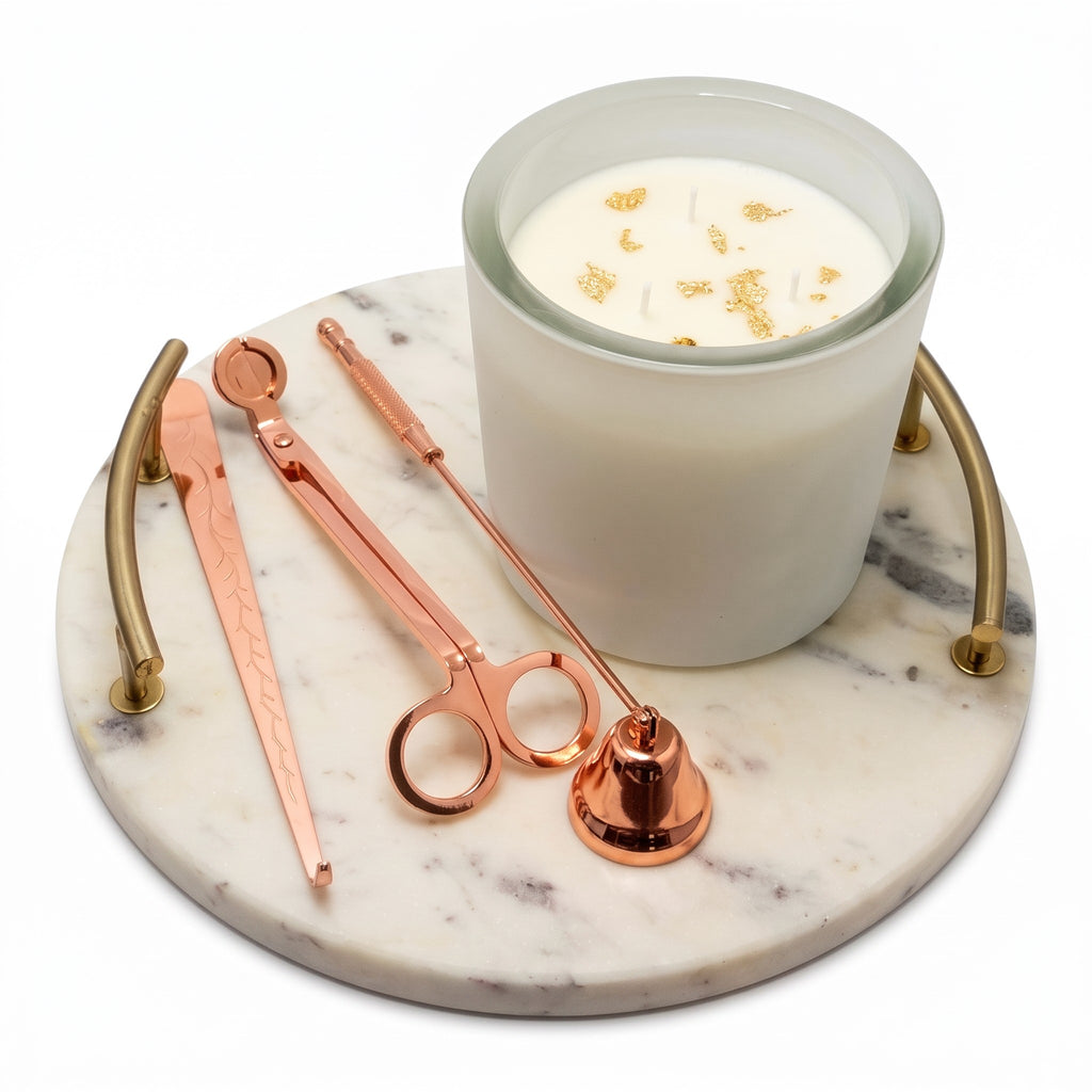 Presentset: sojavaxljus Patchouli Imperial + tillbehör i roséguld