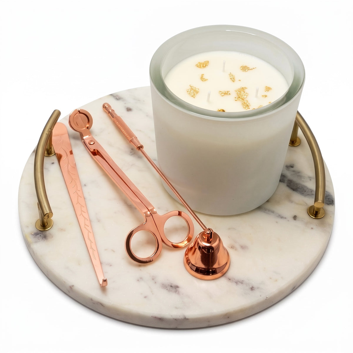 Presentset: sojavaxljus Patchouli Imperial + tillbehör i roséguld