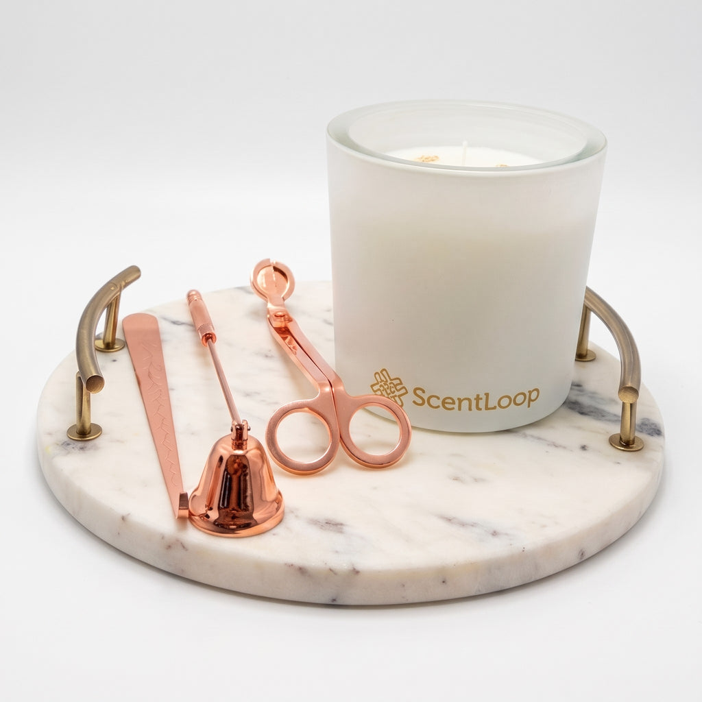 Presentset: sojavaxljus Patchouli Imperial + tillbehör i roséguld