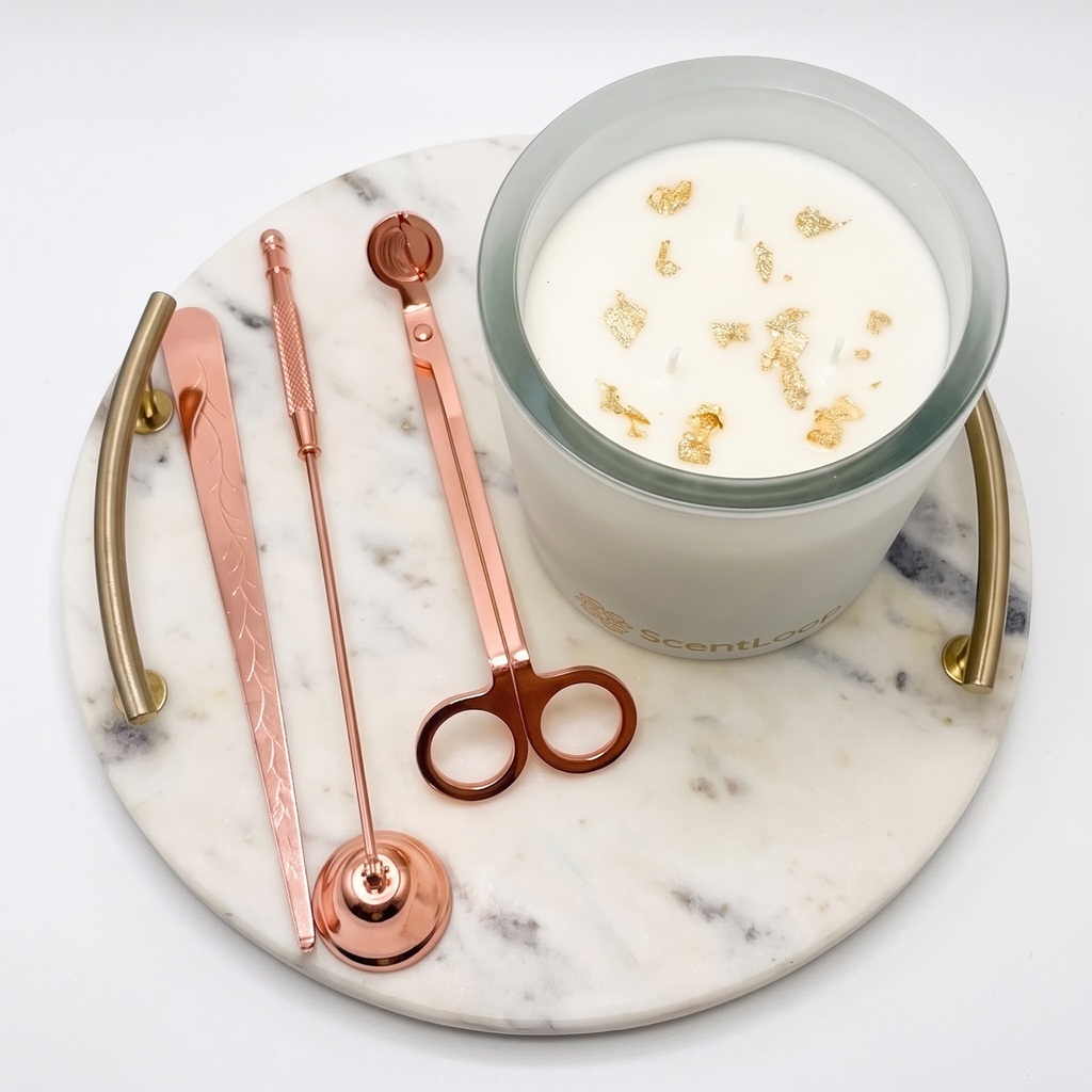 Presentset: sojavaxljus Patchouli Imperial + tillbehör i roséguld