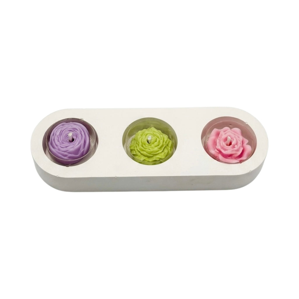 Set of Tealight Soy Candles FLOWERS in a Plaster Holder – Paris, Summer Melon, Pistachio Dreams Scents, 290g